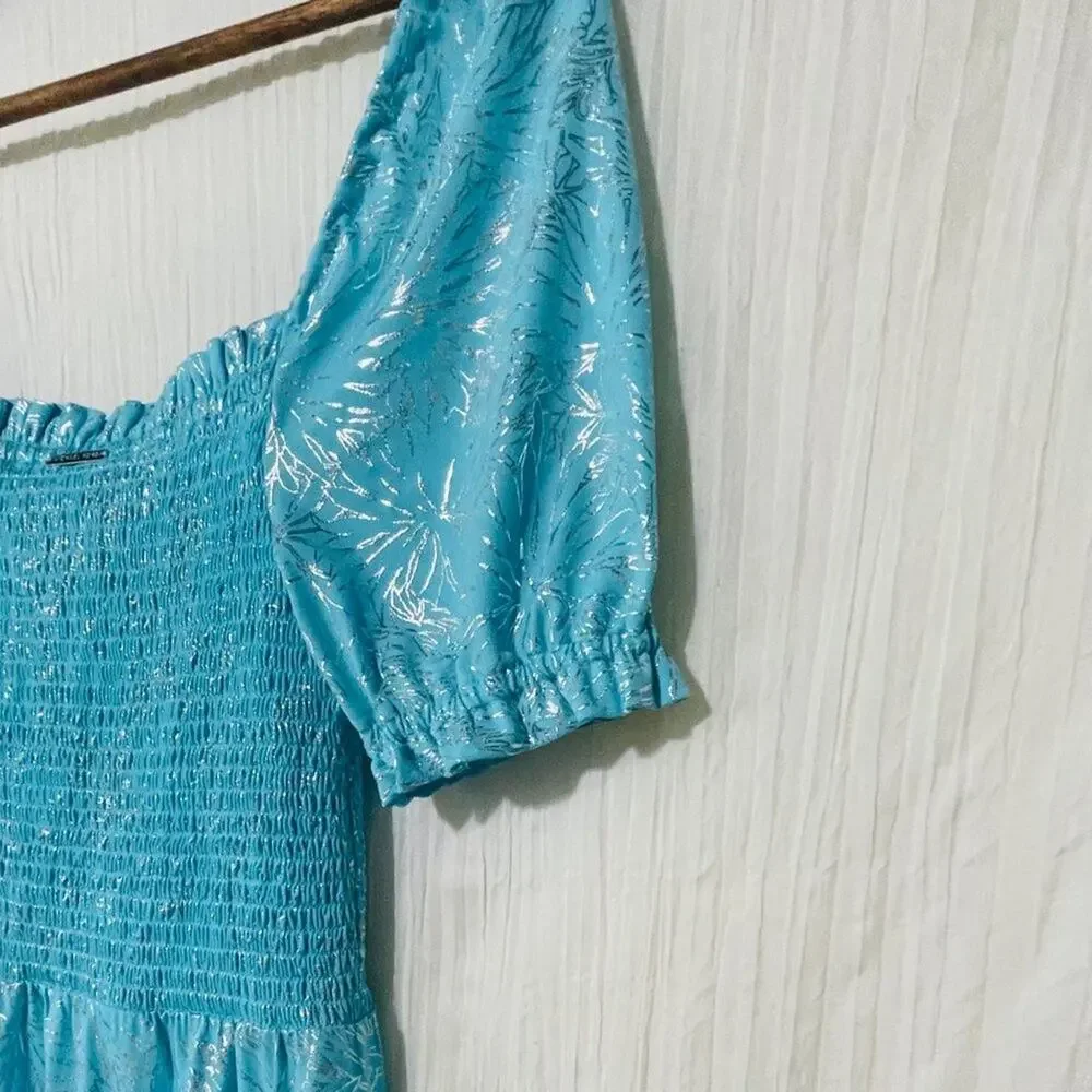 Michael Kors Smocked Dress Small Turquoise Metallic Foil Puff Sleeve NWT